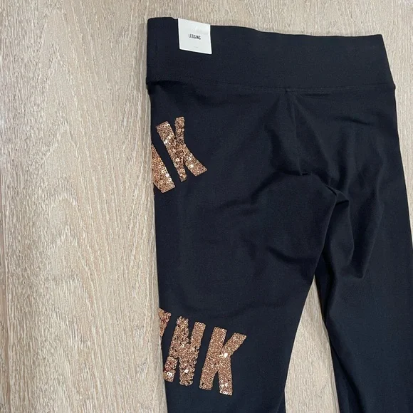 VS Pink Black Leggings with Gold Bling Sequin 'PINK'
